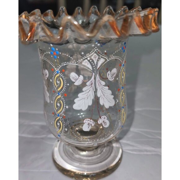 Vintage Hand-Painted Ruffled Edge Glass Vase With Gold Accents & Floral Design - Picture 11 of 13